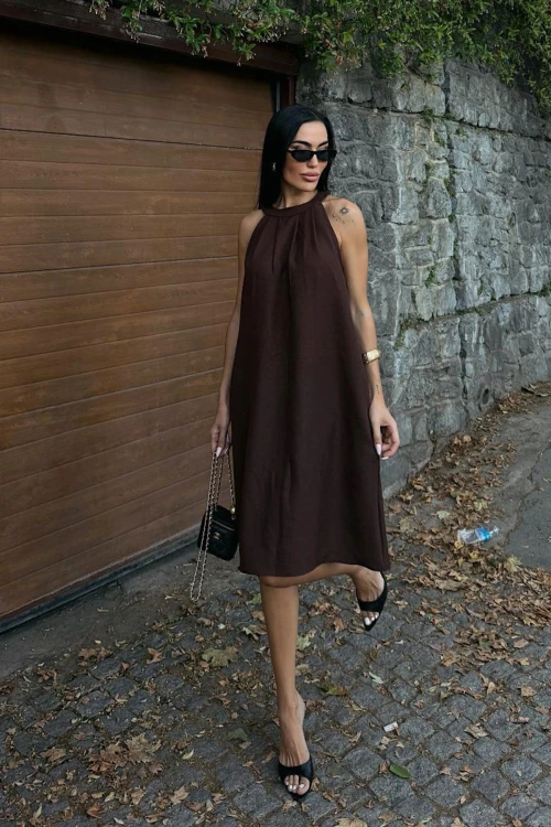 Kahverengi Gizli Cepli Yazlık Keten Dokuma Elbise BCDF-25255029