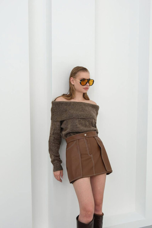 Kahverengi Kontrast Dikiş Detaylı Şort Etek BCHN-25W260015