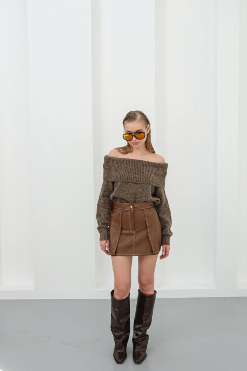 Kahverengi Kontrast Dikiş Detaylı Şort Etek BCHN-25W260015