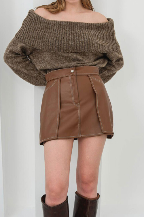 Kahverengi Kontrast Dikiş Detaylı Şort Etek BCHN-25W260015