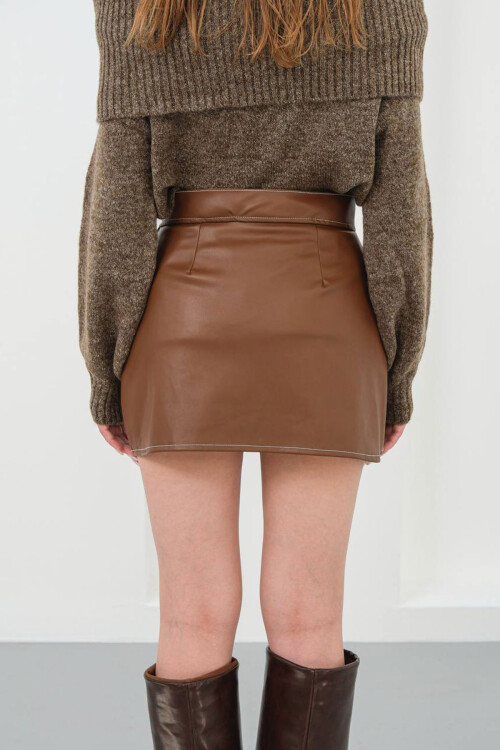 Kahverengi Kontrast Dikiş Detaylı Şort Etek BCHN-25W260015