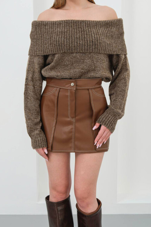 Kahverengi Kontrast Dikiş Detaylı Şort Etek BCHN-25W260015