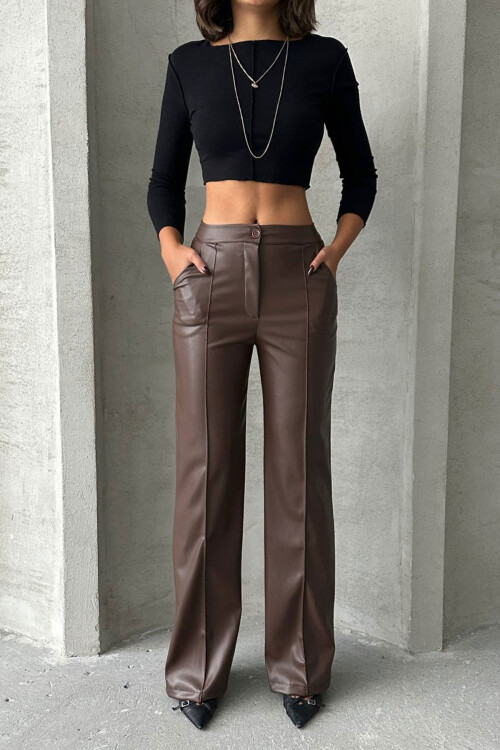 Kahverengi Önü Dikiş Detaylı Suni Deri Palazzo Pantolon BCHN-2526654