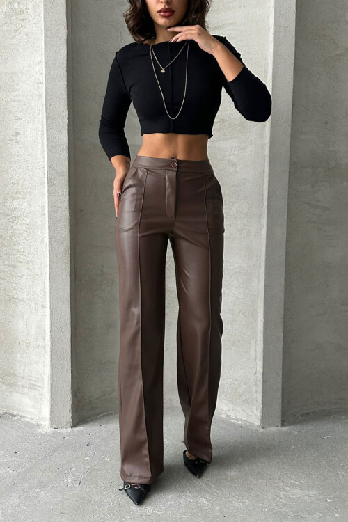 Kahverengi Önü Dikiş Detaylı Suni Deri Palazzo Pantolon BCHN-2526654