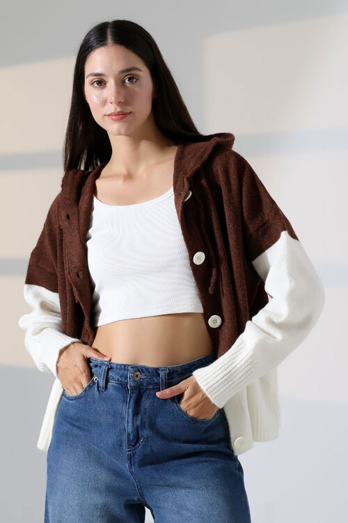 Kahverengi Renk Bloklu Kapüşonlu Düğmeli Triko Hırka BCES-252017