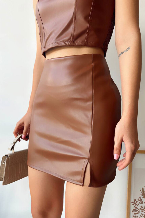 Kahverengi Tek Yırtmaçlı Suni Deri Etek BCHN-2526475