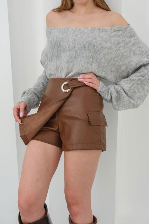 Kahverengi Tokalı Kapaklı Şort Etek BCHN-25W260107