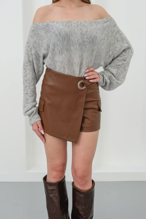 Kahverengi Tokalı Kapaklı Şort Etek BCHN-25W260107