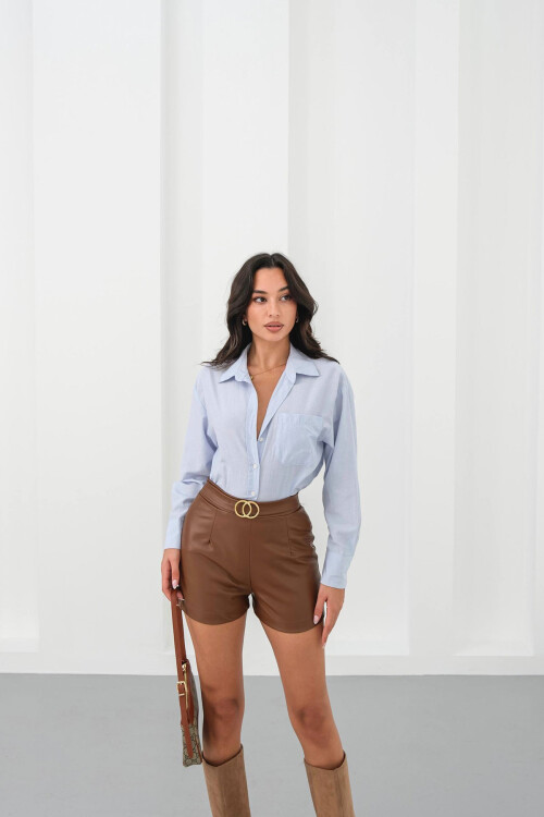 Kahverengi Tokalı Suni Deri Şort BCHN-2526444