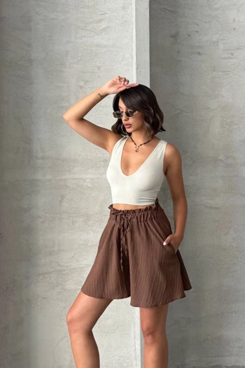Kahverengi Volanlı Rahat Kalıp Beli Lastikli Keten Şort BCHN-25255058