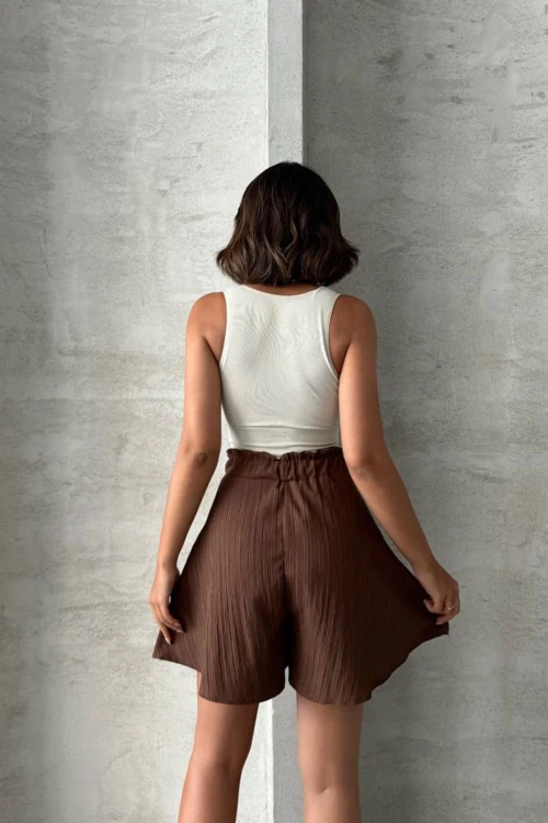 Kahverengi Volanlı Rahat Kalıp Beli Lastikli Keten Şort BCHN-25255058