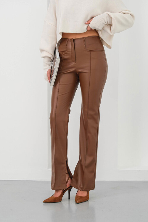 Kahverengi Yüksek Bel Yırtmaçlı Suni Deri Pantolon BCHN-25265099