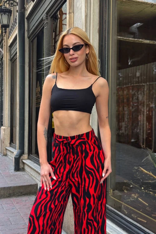 Kırmızı Beli Bağlamalı Bol Kesim Palazzo Yazlık Pantolon