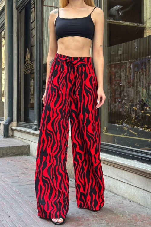 Kırmızı Beli Bağlamalı Bol Kesim Palazzo Yazlık Pantolon