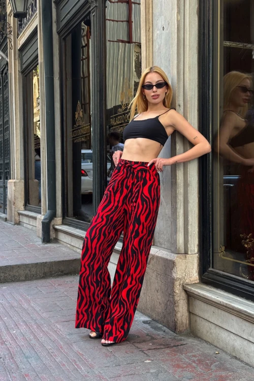 Kırmızı Beli Bağlamalı Bol Kesim Palazzo Yazlık Pantolon