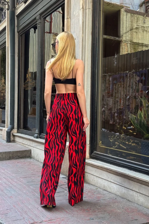 Kırmızı Beli Bağlamalı Bol Kesim Palazzo Yazlık Pantolon