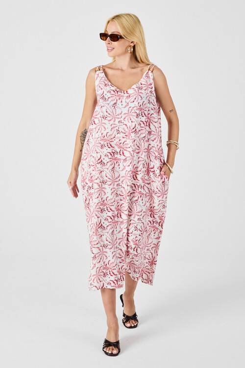 Kırmızı-Beyaz Askılı Boncuk Detaylı Çift Cepli Desenli Salaş Elbise BCVL-254027