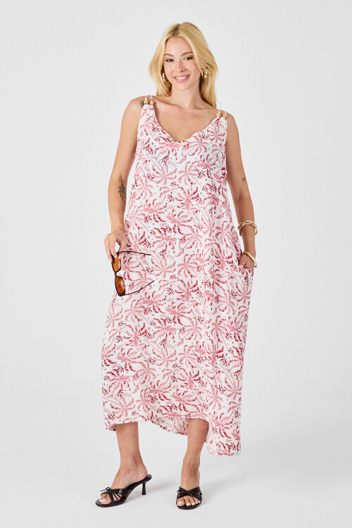 Kırmızı-Beyaz Askılı Boncuk Detaylı Çift Cepli Desenli Salaş Elbise BCVL-254027