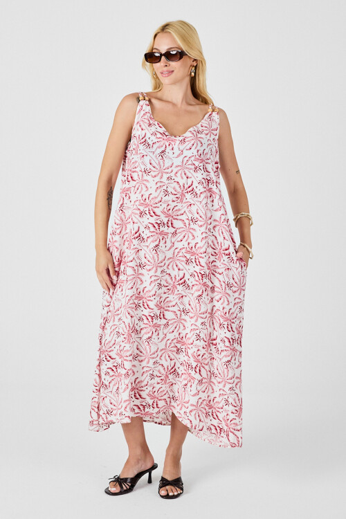 Kırmızı-Beyaz Askılı Boncuk Detaylı Çift Cepli Desenli Salaş Elbise BCVL-254027