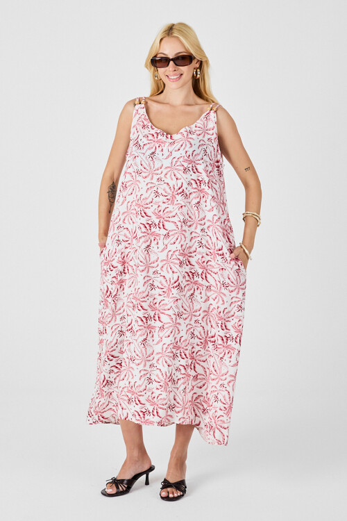 Kırmızı-Beyaz Askılı Boncuk Detaylı Çift Cepli Desenli Salaş Elbise BCVL-254027