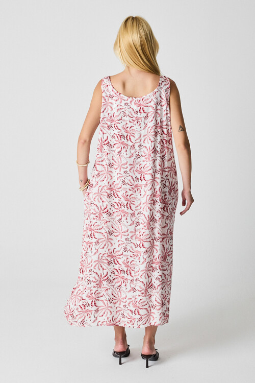 Kırmızı-Beyaz Askılı Boncuk Detaylı Çift Cepli Desenli Salaş Elbise BCVL-254027