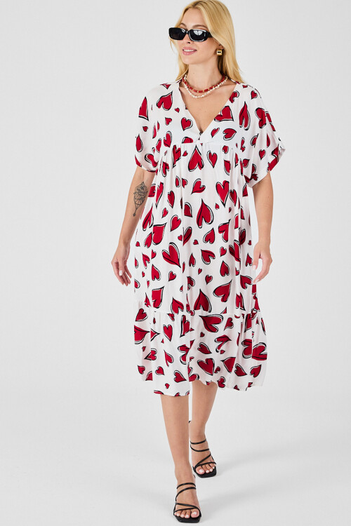 Kırmızı-Beyaz V Yaka Oversize Kesim Desenli Çift Cepli Volanlı Elbise BCVL-254028