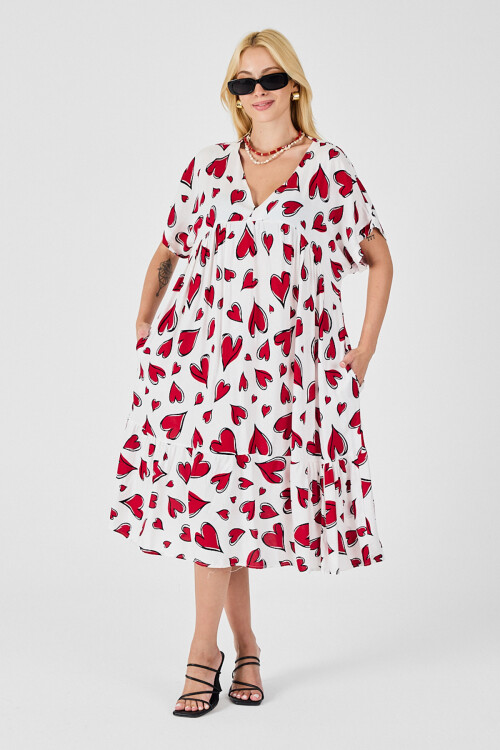 Kırmızı-Beyaz V Yaka Oversize Kesim Desenli Çift Cepli Volanlı Elbise BCVL-254028