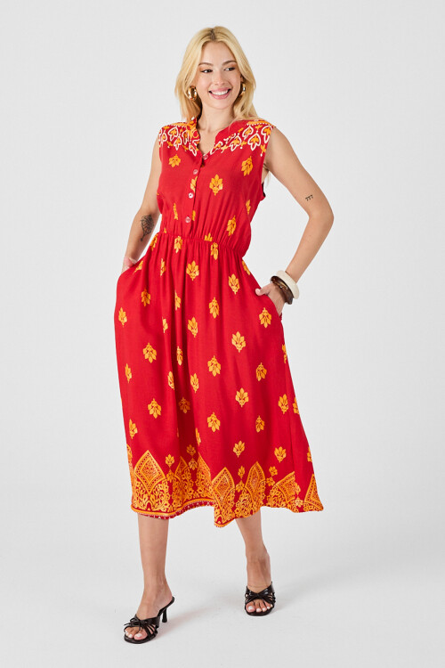 Kırmızı Çentik Yaka Düğmeli Desenli Kolsuz Midi Elbise BCVL-254025