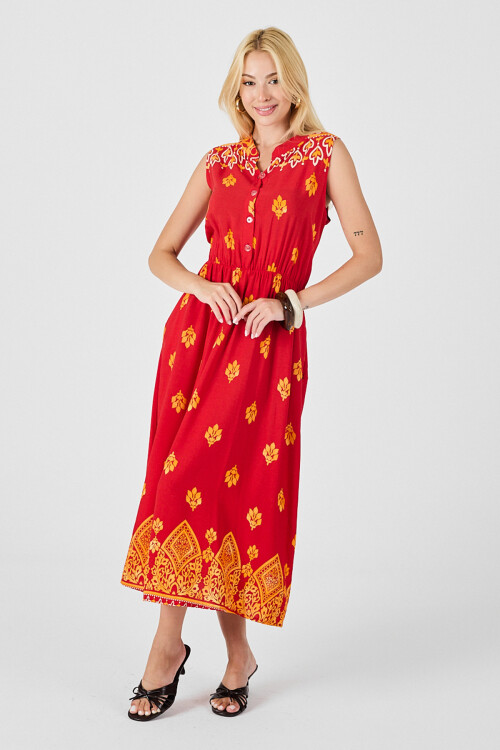 Kırmızı Çentik Yaka Düğmeli Desenli Kolsuz Midi Elbise BCVL-254025