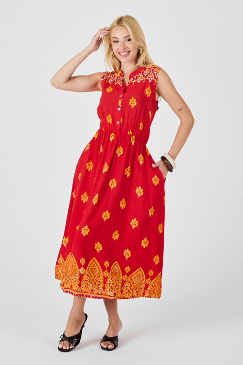 Kırmızı Çentik Yaka Düğmeli Desenli Kolsuz Midi Elbise BCVL-254025