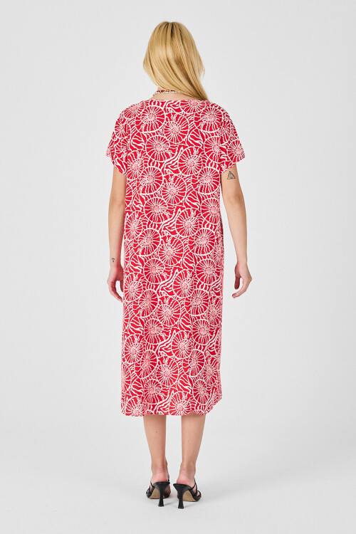 Kırmızı Derin V Yaka Kısa Kollu Çizgi Desenli Midi Boy Elbise BCVL-254004