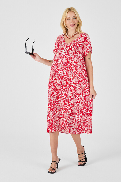 Kırmızı Derin V Yaka Kısa Kollu Çizgi Desenli Midi Boy Elbise BCVL-254004