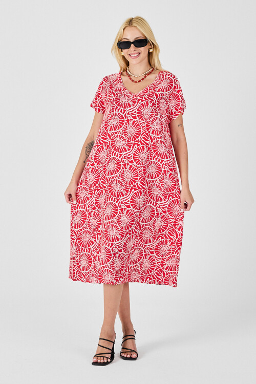 Kırmızı Derin V Yaka Kısa Kollu Çizgi Desenli Midi Boy Elbise BCVL-254004