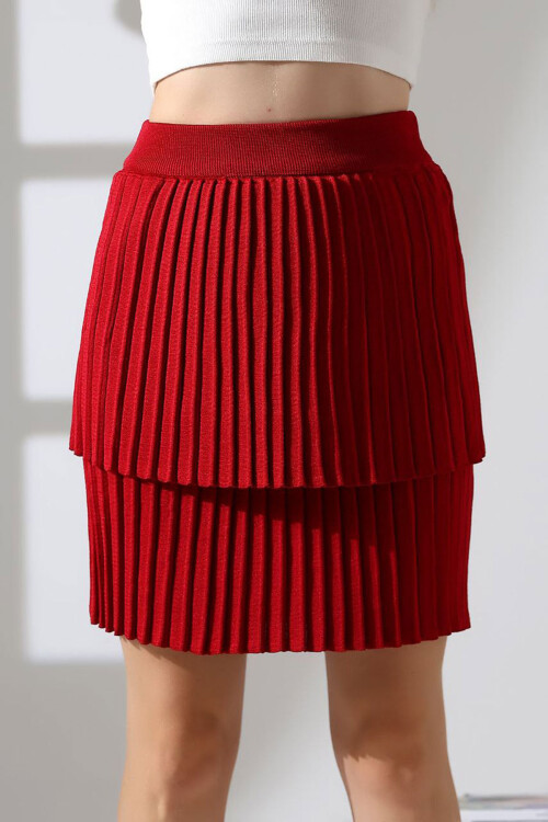 Kırmızı Kat Kat Pileli Triko Etek BCES-252002