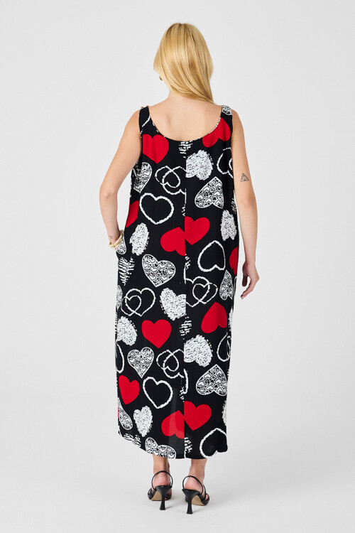 Kırmızı-Siyah Askılı Boncuk Detaylı Çift Cepli Desenli Salaş Elbise BCVL-254027