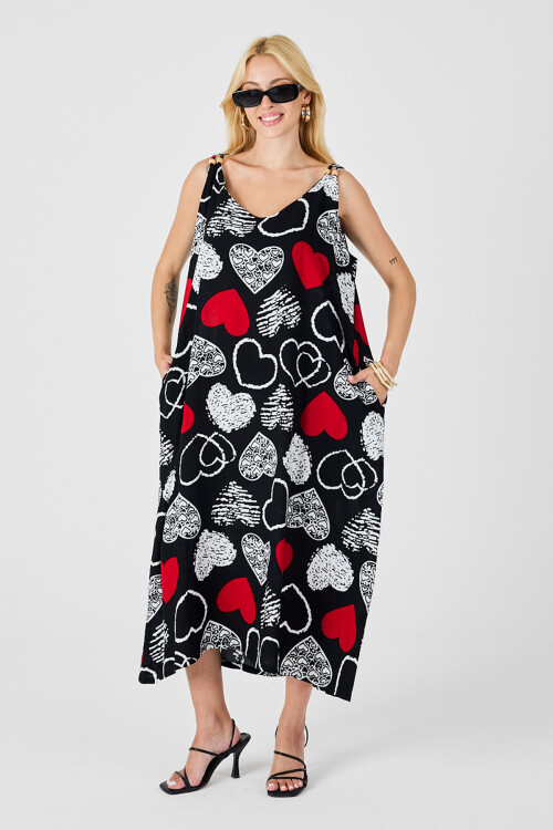 Kırmızı-Siyah Askılı Boncuk Detaylı Çift Cepli Desenli Salaş Elbise BCVL-254027