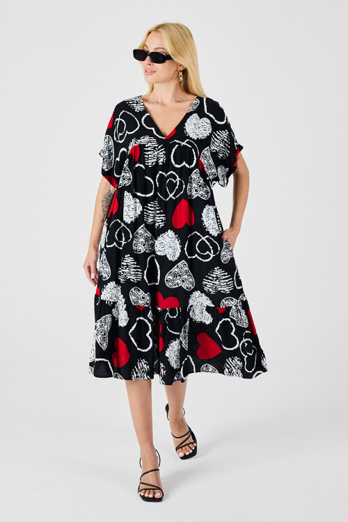 Kırmızı-Siyah V Yaka Oversize Kesim Desenli Çift Cepli Volanlı Elbise BCVL-254028