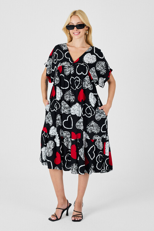 Kırmızı-Siyah V Yaka Oversize Kesim Desenli Çift Cepli Volanlı Elbise BCVL-254028