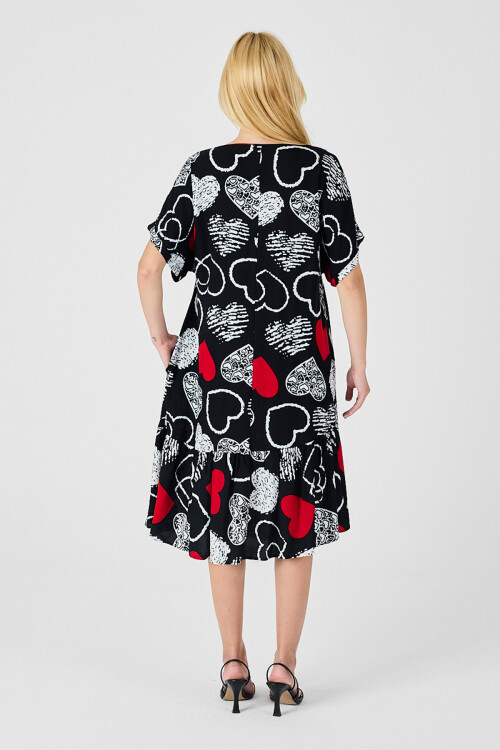 Kırmızı-Siyah V Yaka Oversize Kesim Desenli Çift Cepli Volanlı Elbise BCVL-254028