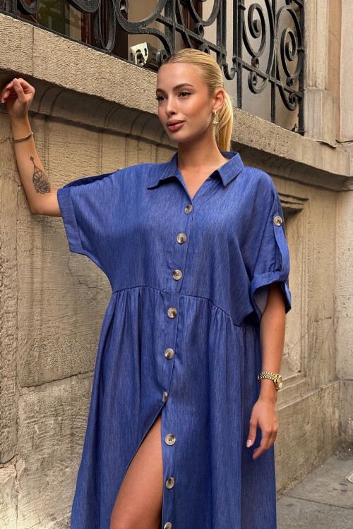 Koyu Mavi Kısa Kollu Düğme Detaylı Midi Boy Gömlek Elbise BCVL-254000