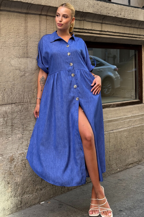 Koyu Mavi Kısa Kollu Düğme Detaylı Midi Boy Gömlek Elbise BCVL-254000