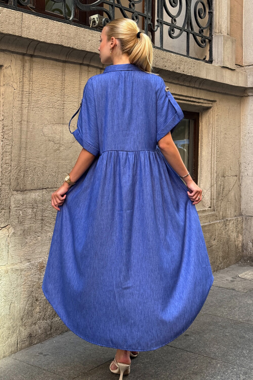 Koyu Mavi Kısa Kollu Düğme Detaylı Midi Boy Gömlek Elbise BCVL-254000