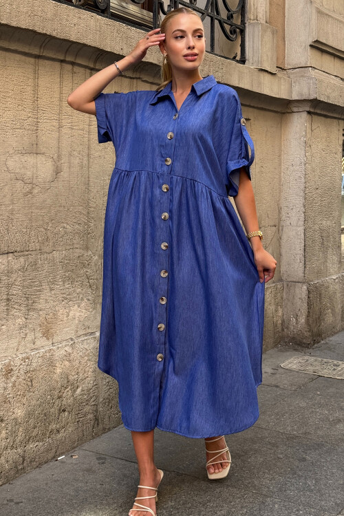 Koyu Mavi Kısa Kollu Düğme Detaylı Midi Boy Gömlek Elbise BCVL-254000