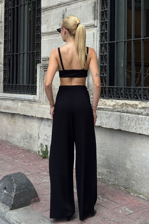 Koyu Siyah Beli Bağlamalı Bol Kesim Palazzo Yazlık Pantolon BCPK-2510000