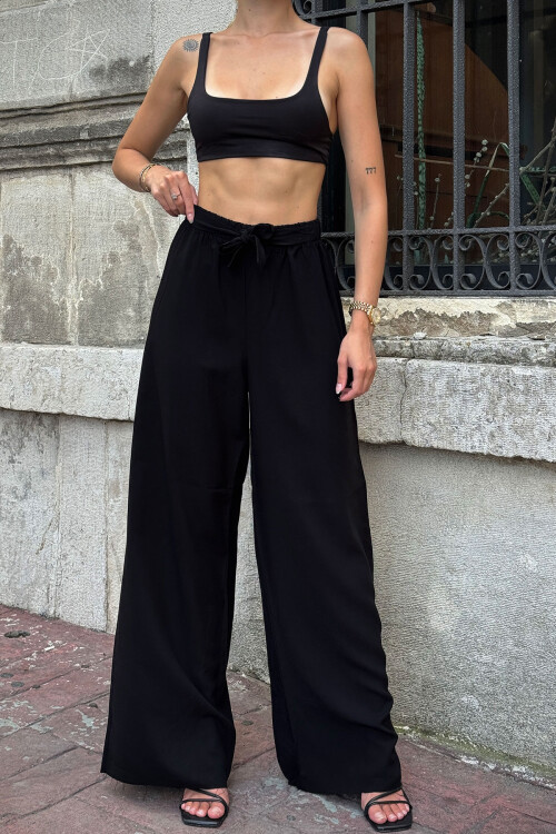 Koyu Siyah Beli Bağlamalı Bol Kesim Palazzo Yazlık Pantolon BCPK-2510000