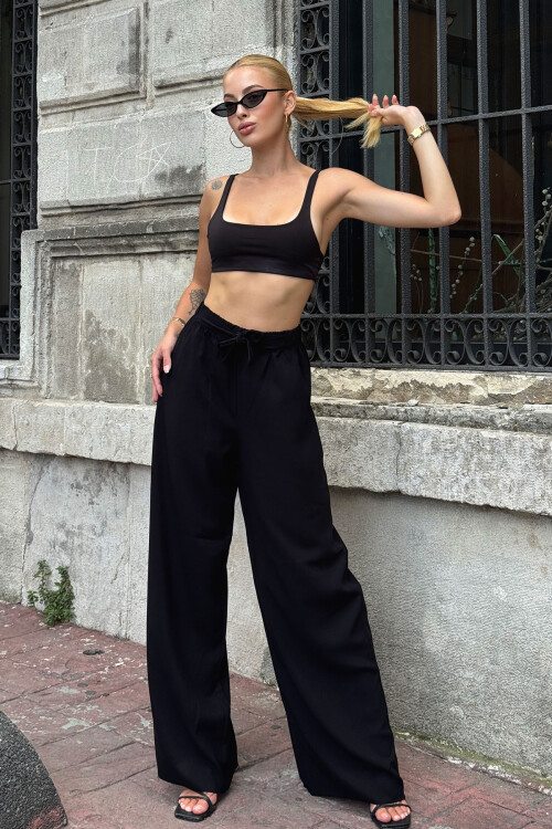 Koyu Siyah Beli Bağlamalı Bol Kesim Palazzo Yazlık Pantolon BCPK-2510000