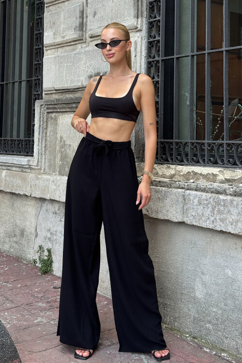 Koyu Siyah Beli Bağlamalı Bol Kesim Palazzo Yazlık Pantolon BCPK-2510000