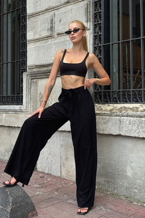 Koyu Siyah Beli Bağlamalı Bol Kesim Palazzo Yazlık Pantolon BCPK-2510000