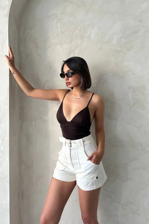 Krem Kendinden Kemerli Cepli Gabardin Yazlık Şort BCHN-2525289