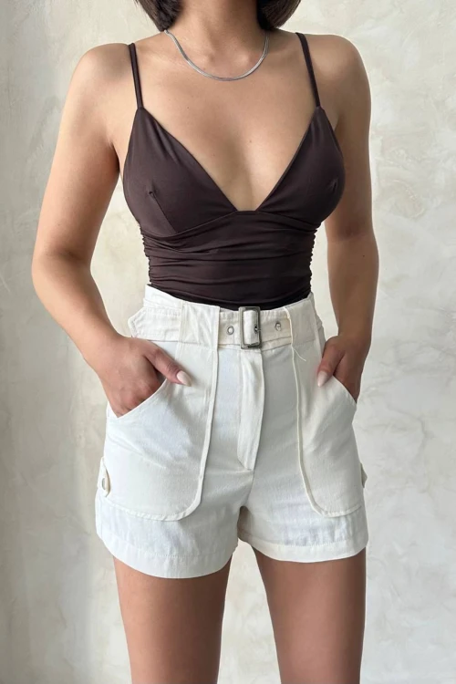 Krem Kendinden Kemerli Cepli Gabardin Yazlık Şort BCHN-2525289